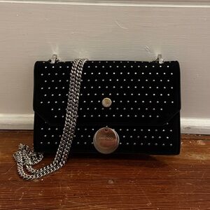 Jimmy Choo Black Suede Leather Silver Studded Finley Mini Crossbody Bag Chain